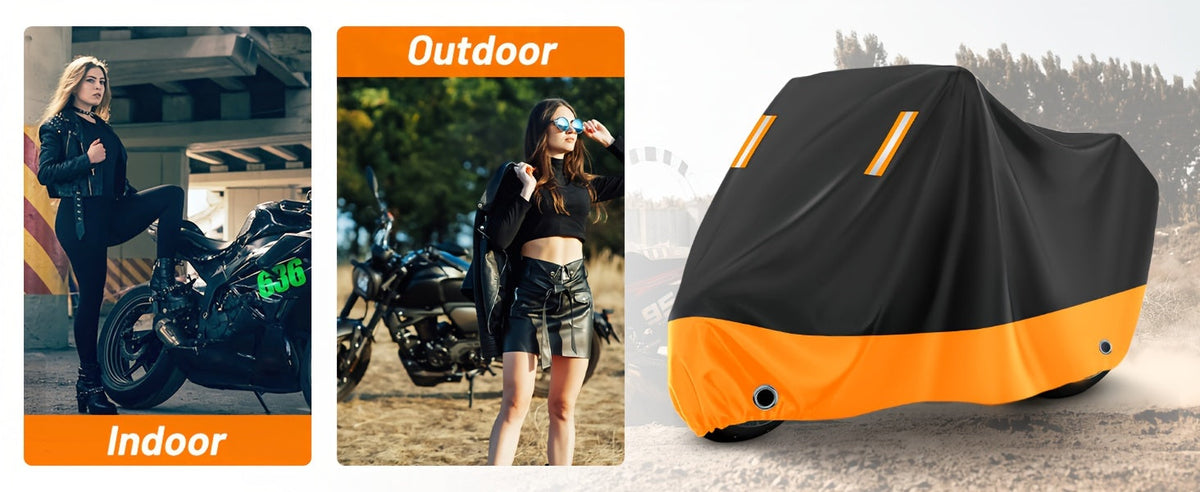 Motorcycle Cover Waterproof 210D Oxford Cloth - All-Weather UV & Dust Protection, Reflective Strips, Fits Harley Honda Suzuki & More, Black Orange, M XL XXL XXXL