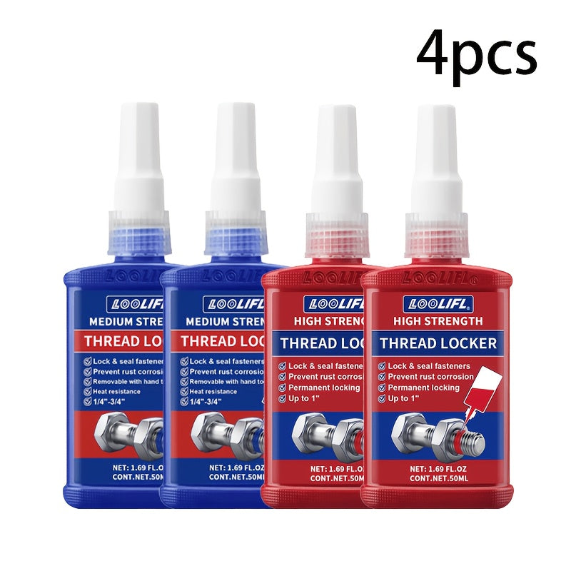 Threadlocker Adhesive 2/4pcs – Anaerobic Screw Locking Agent, Anti-Vibration Anti-Rust, Oil & Heat Resistant | Blue & Red for Metal Plastic Stainless Steel