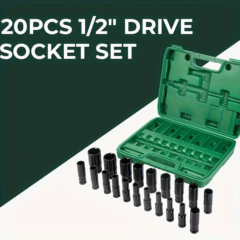 20-Piece 1/2" Drive Metric Deep Impact Socket Set 8mm–32mm – CR-V Hex Sockets for Electric Wrench & Automotive Repair