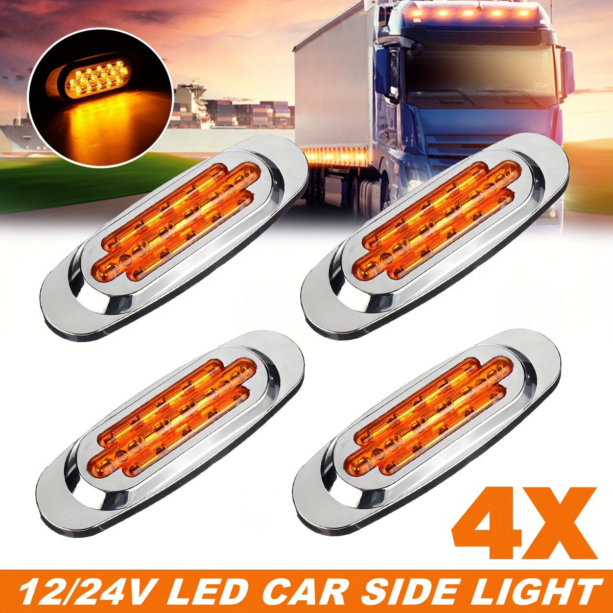 LED Side Marker Lights for Trucks & Trailers – 4pcs 16-LED Dual Mode Steady-On & Flash, 12-24V, Red White Blue Green Yellow