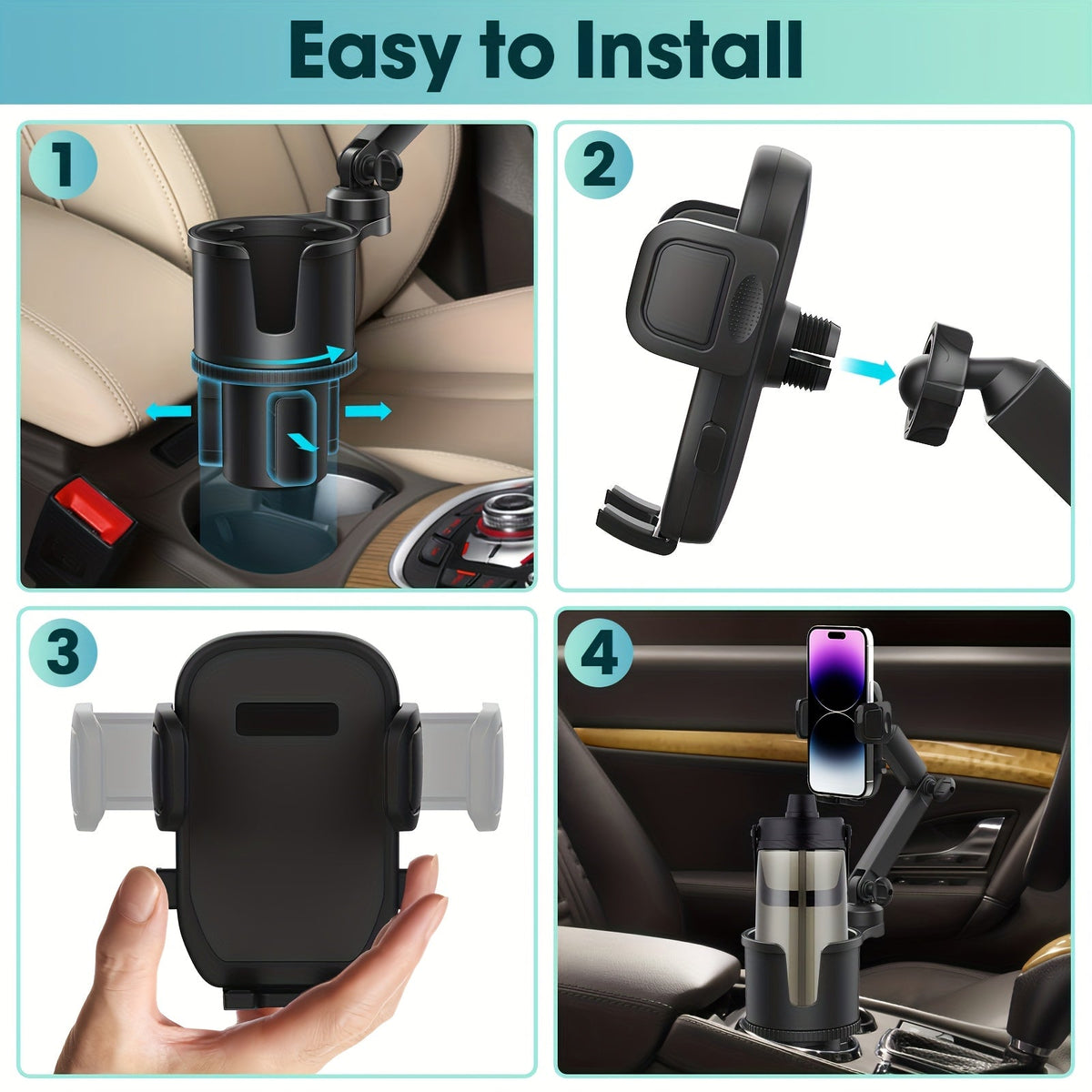 Car Cup Holder Extender 2-in-1 – Swivel Phone & Cup Holder for Car SUV Truck with Shock Trim, Black