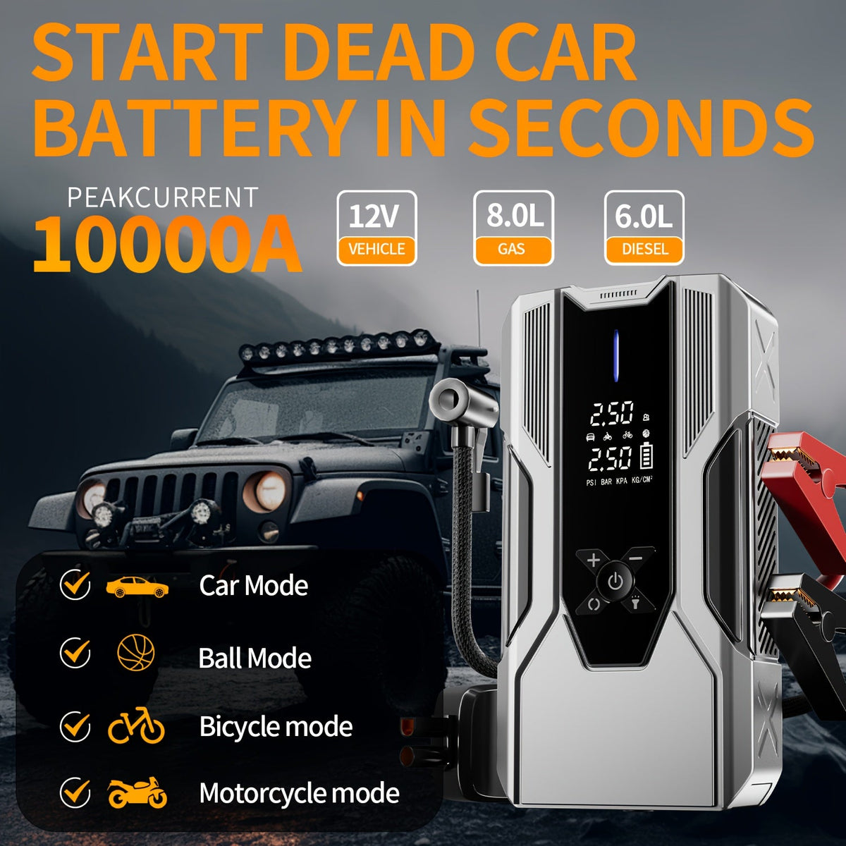Jump Starter 10000A 12-in-1 – Portable Car Battery Booster with Air Pump, Flashlight & Power Bank for Cars, SUVs, Motorcycles & Diesel Engines