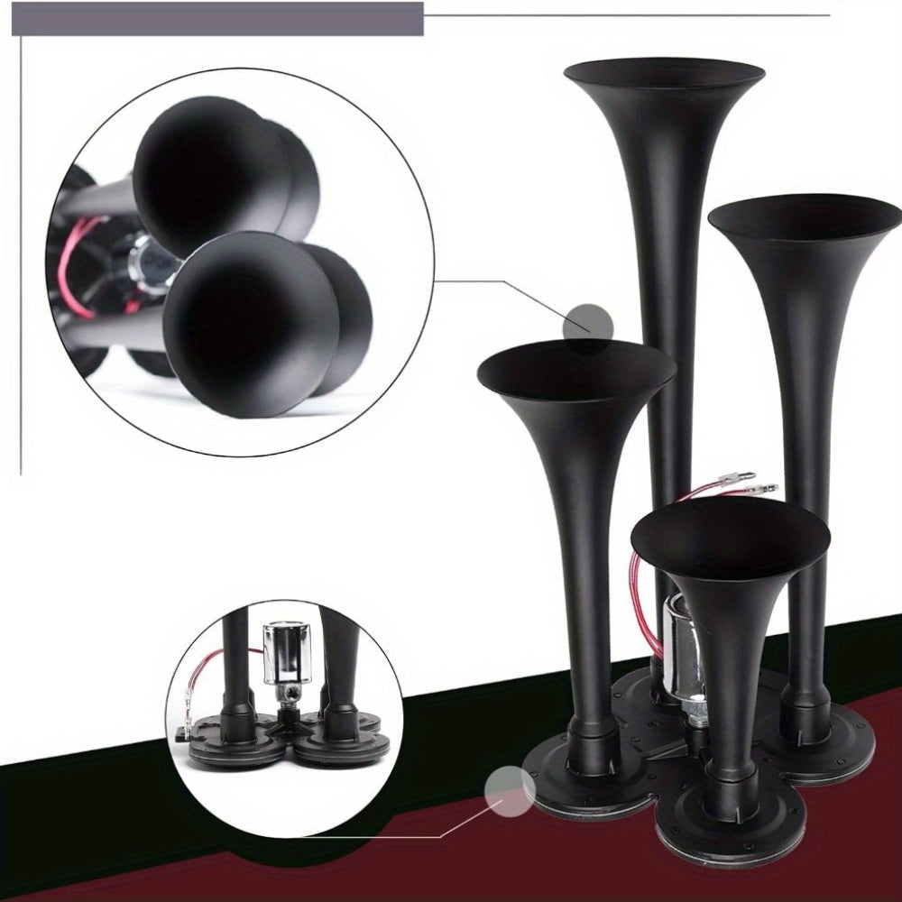 Train Air Horn Kit 135DB Loud 4 Trumpet 12V 24V for Truck Pickup Ford Chevy RAM – Zinc Alloy Chrome with Solenoid Valve & Mounting Hardware