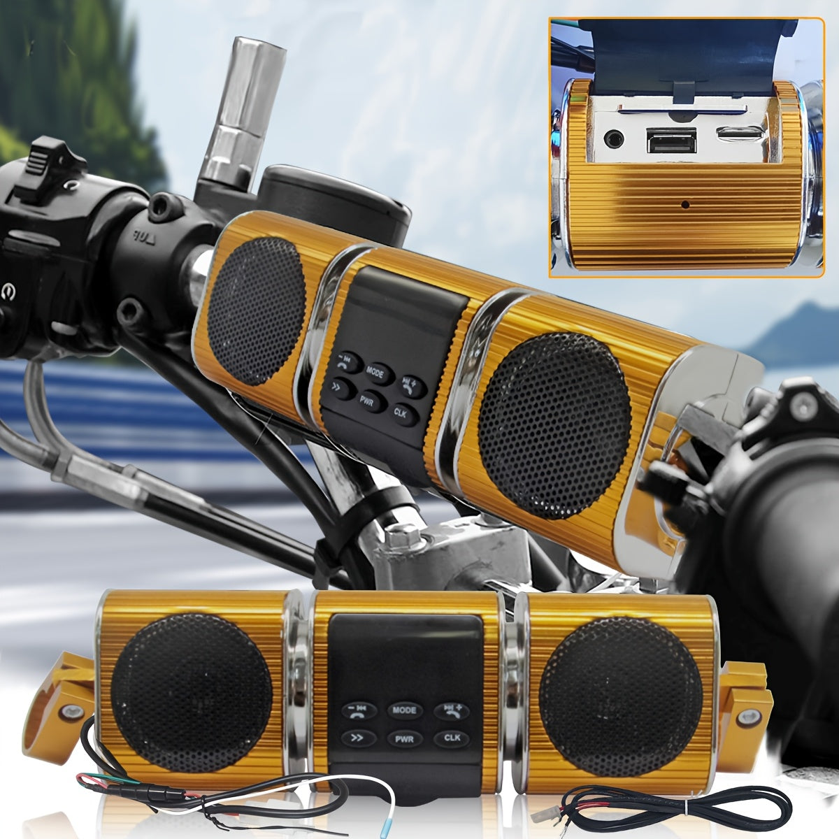 KORBROS Motorcycle Bluetooth Soundbar – IPX5 Waterproof, Built-in Amplifier, FM Radio, USB & AUX, 12V MP3 Player for Handlebar Mount