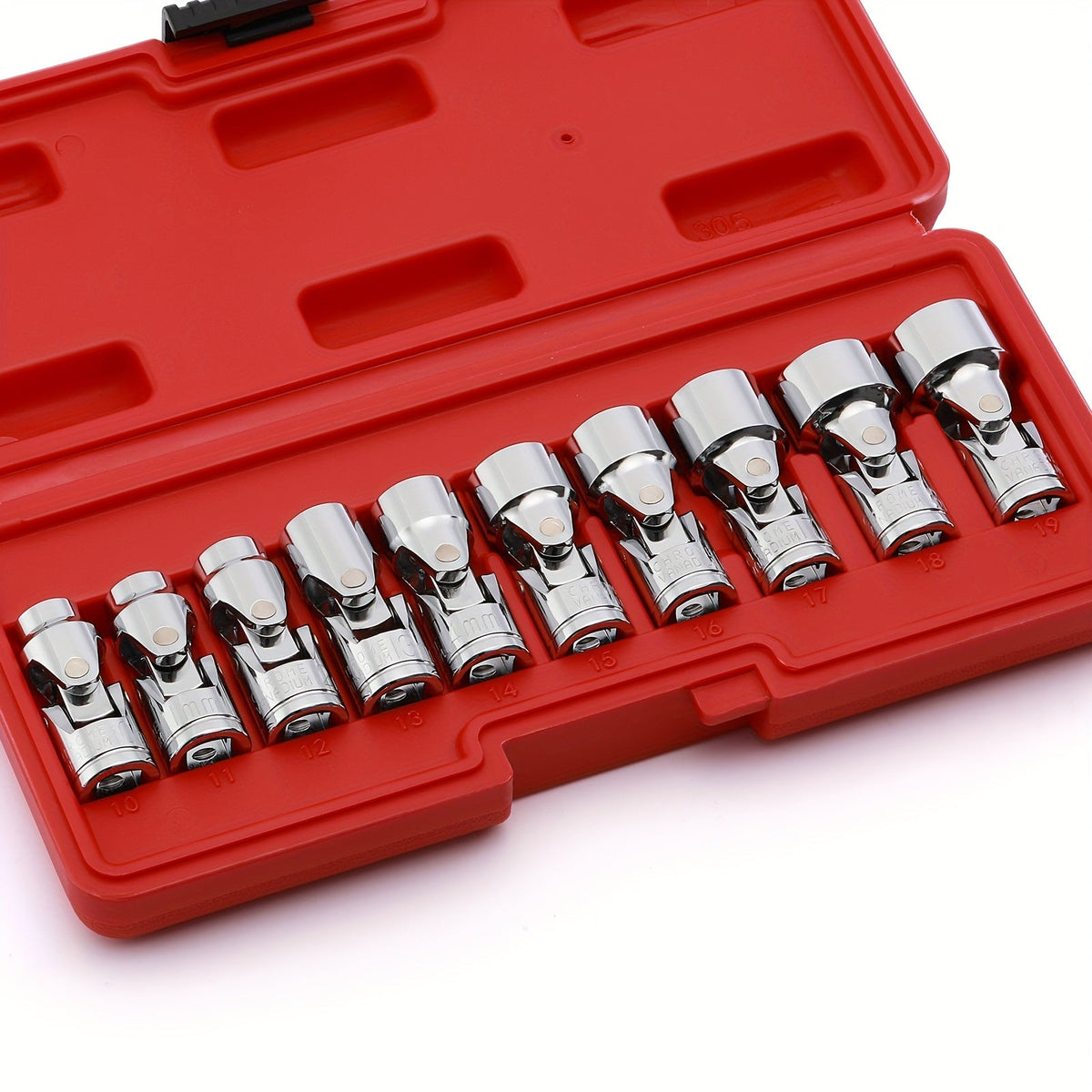 10-Piece 3/8" Drive Universal Flex Socket Set – Metric 10–19mm, 6-Point Swivel Wobble Sockets, Chrome Vanadium (50BV30), Mirror Chrome Finish