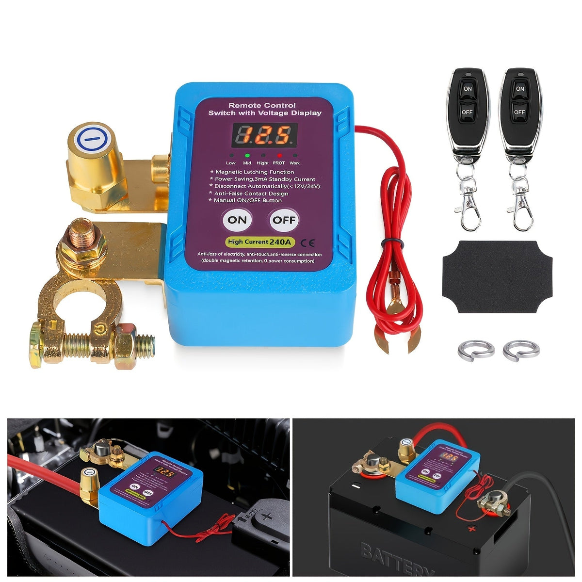 Remote Battery Disconnect Switch 12V 240A | Magnetic Lock Anti-Theft Power Cut-Off with 2 Remote Controllers for Cars Trucks RVs