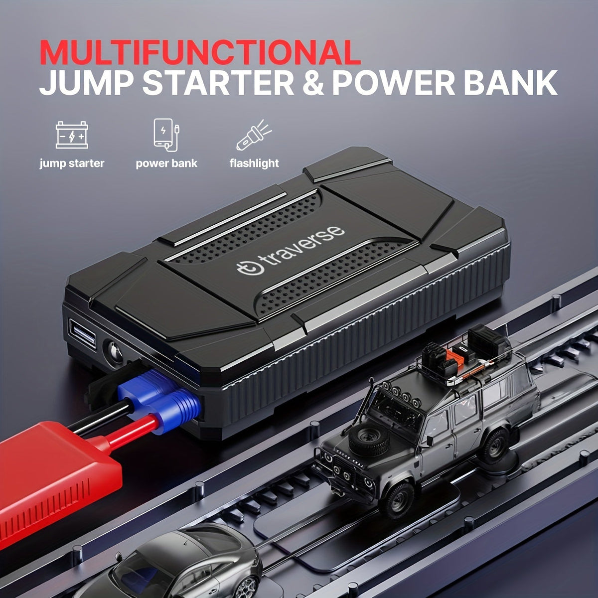 Car Jump Starter 1000A Peak – 6400mAh Portable Battery Booster for Gas & Diesel Cars, USB Charging Ports, LED Flashlight, 12V Jump Box