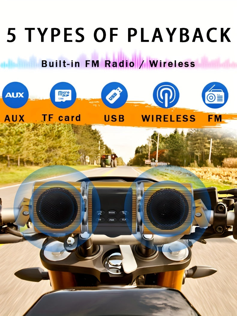 KORBROS Motorcycle Bluetooth Soundbar – IPX5 Waterproof, Built-in Amplifier, FM Radio, USB & AUX, 12V MP3 Player for Handlebar Mount