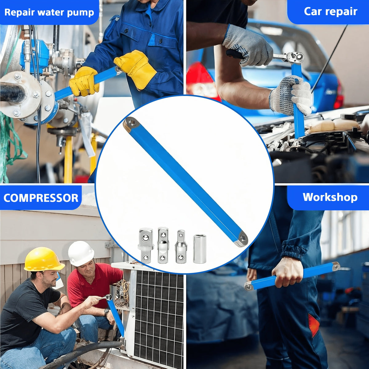 Zero Offset Extension Wrench Set 15 Inch Impact-Ready with 3/8 Ratchet & 1/2 1/4 3/8 Square Drive Adapters for Tight Spaces & Auto Repair