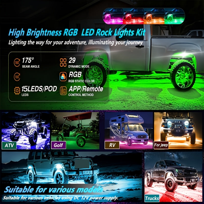 RGB LED Rock Lights 8pc or 4pc | 15 LED Per Pod App & Music Mode Underglow Kit for Trucks Jeeps UTVs SUVs Golf Carts 12V
