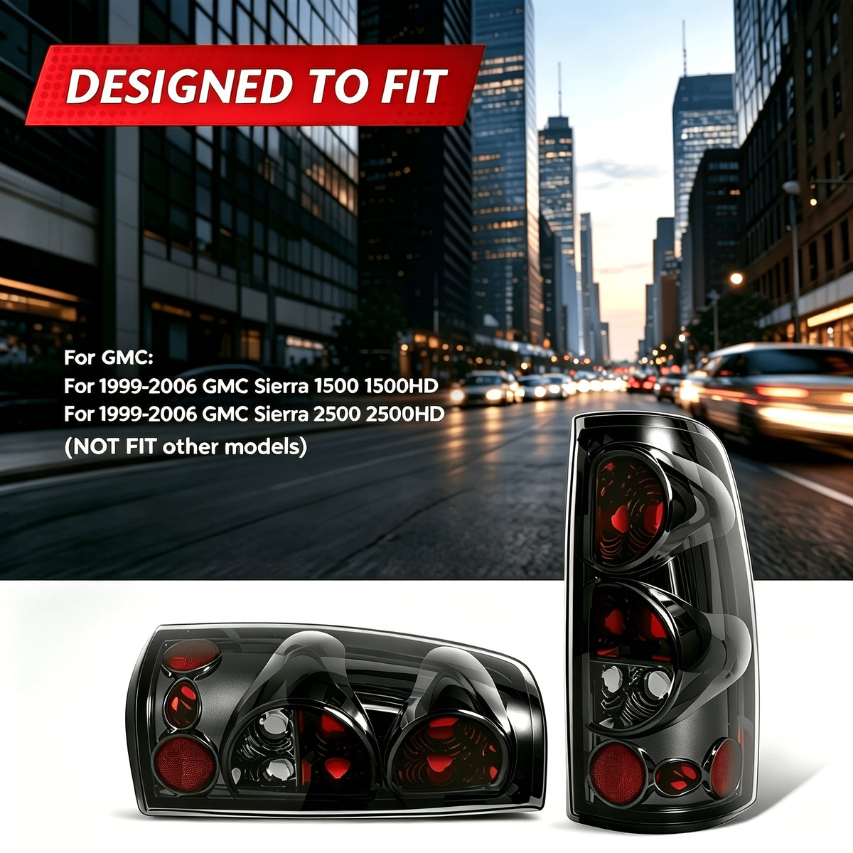 Tail Lights for Chevy Silverado 1500 2500 3500 1999-2006 & GMC Sierra 1999-2003, Direct Replacement Pair, Black Housing Red Lens / Smoked Gray, Polycarbonate Lens