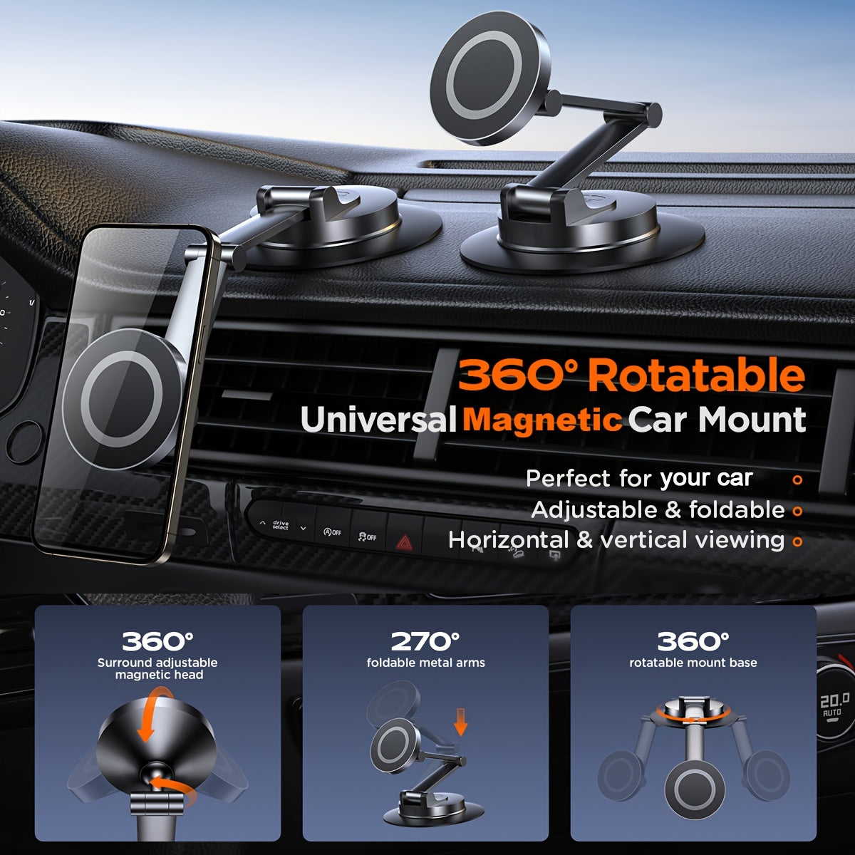 Magnetic Car Phone Mount – 360° Rotatable Dashboard Holder for iPhone & Smartphones | Strong Magnet Grip