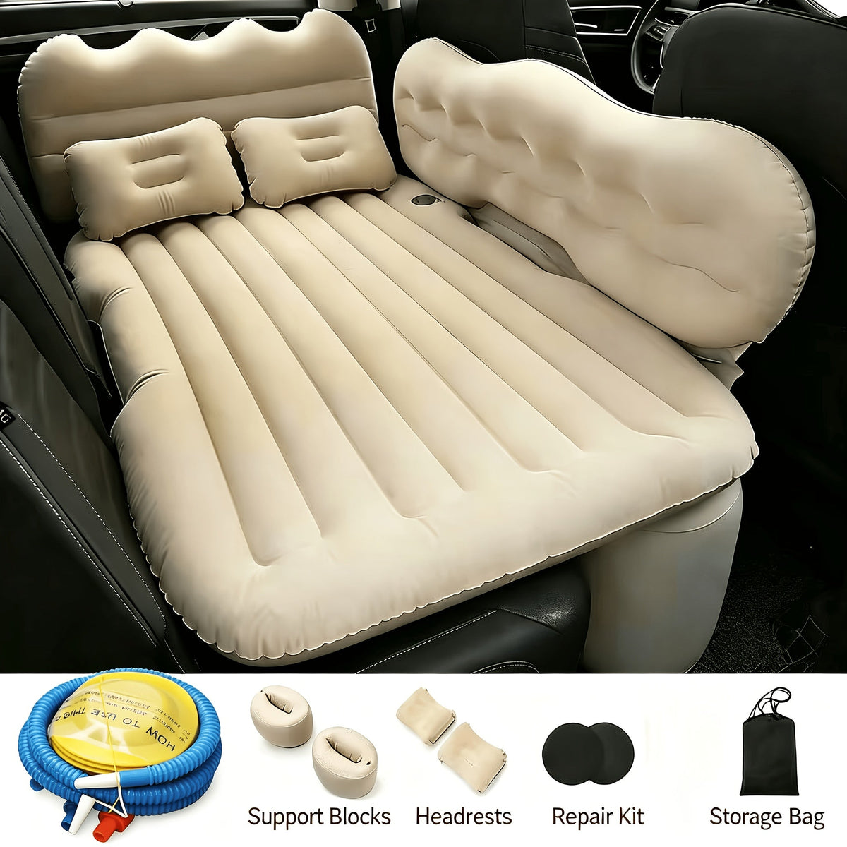 Car Inflatable Mattress SUV Back Seat Air Bed with Electric Pump 2 Pillows 2 Support Piers Storage Bag PVC Flocking Fits Truck RV 5 Colors