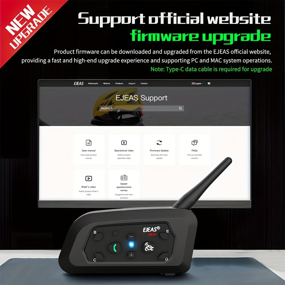 EJEAS V6 PRO+ Motorcycle Helmet Intercom 2-Pack – Bluetooth 5.0, 800M Range, 6-Rider Group, Type-C Charging
