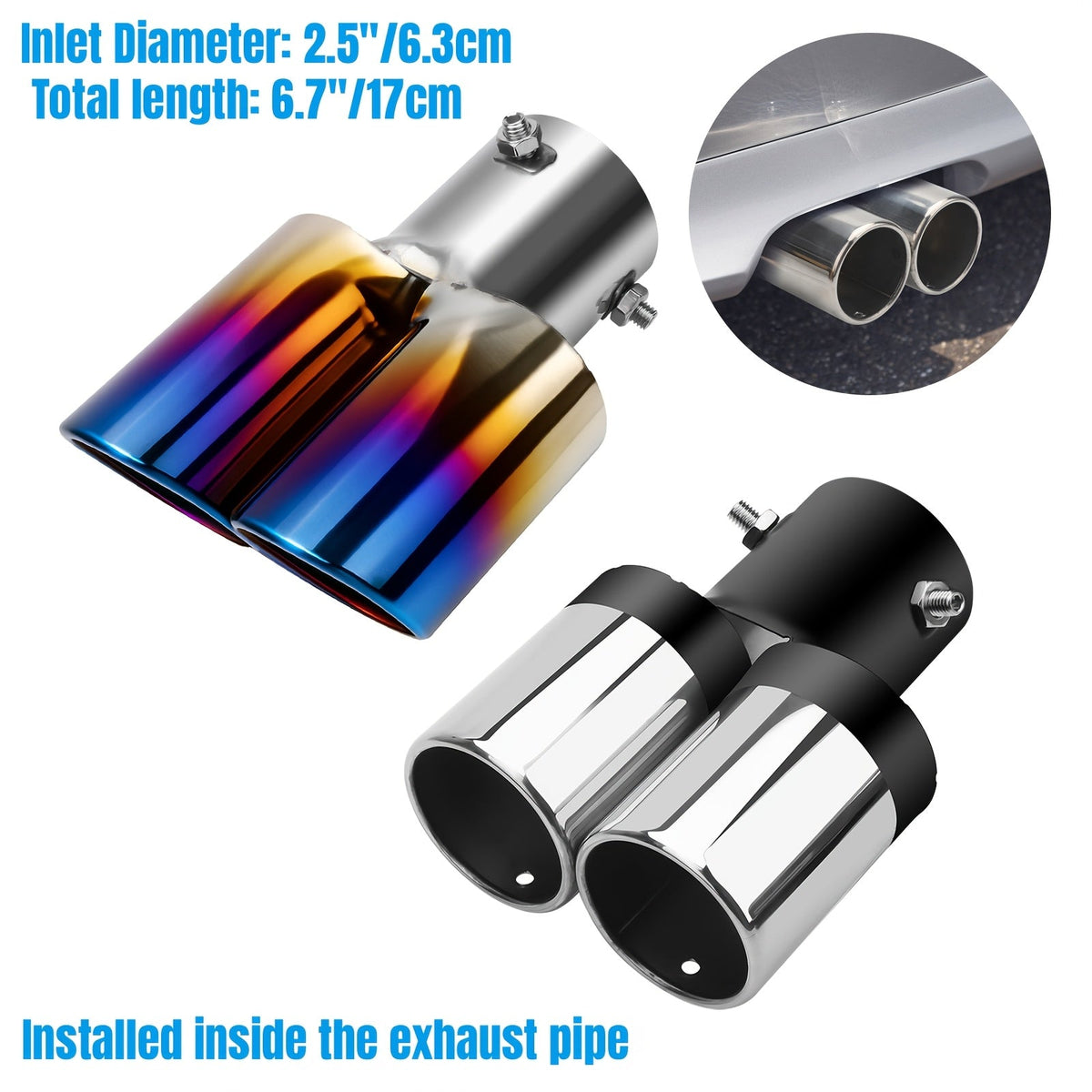 Dual Exhaust Tip Stainless Steel 2.5" Inlet – Double Outlet Curved Bolt-On Muffler Tail Tip, Bevel Port, Black & Blue