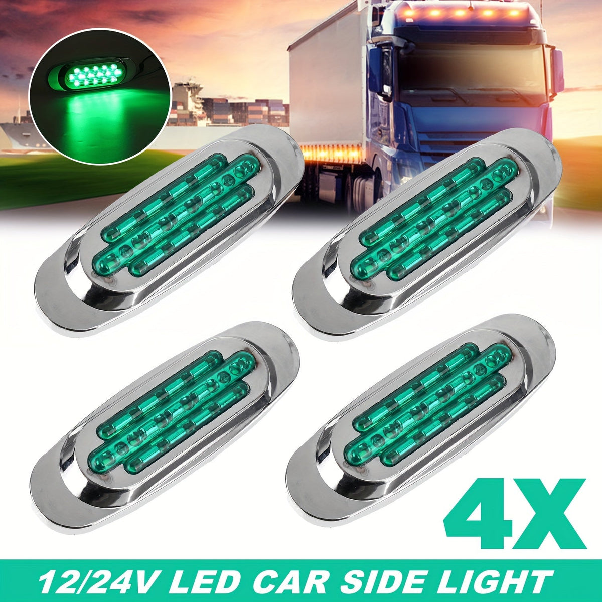 LED Side Marker Lights for Trucks & Trailers – 4pcs 16-LED Dual Mode Steady-On & Flash, 12-24V, Red White Blue Green Yellow
