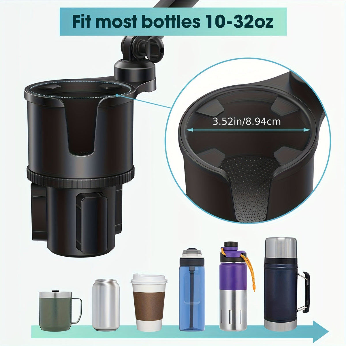 Car Cup Holder Extender 2-in-1 – Swivel Phone & Cup Holder for Car SUV Truck with Shock Trim, Black