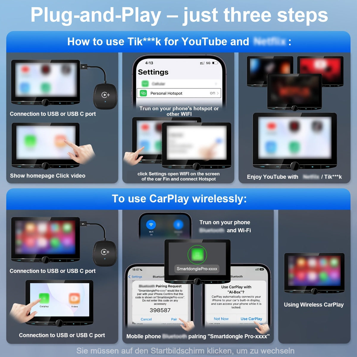 Wireless CarPlay Adapter Dual-Band 2.4G+5GHz – Netflix & YouTube Streaming | OEM Wired to Wireless | 2016+ Cars & iOS 10+