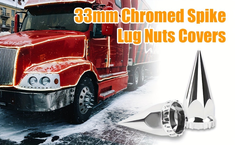 Spike Lug Nut Covers 33mm – Chrome ABS Screw-On Pointed Caps for Semi Trucks & Hub-Piloted Wheels, 60-Pack
