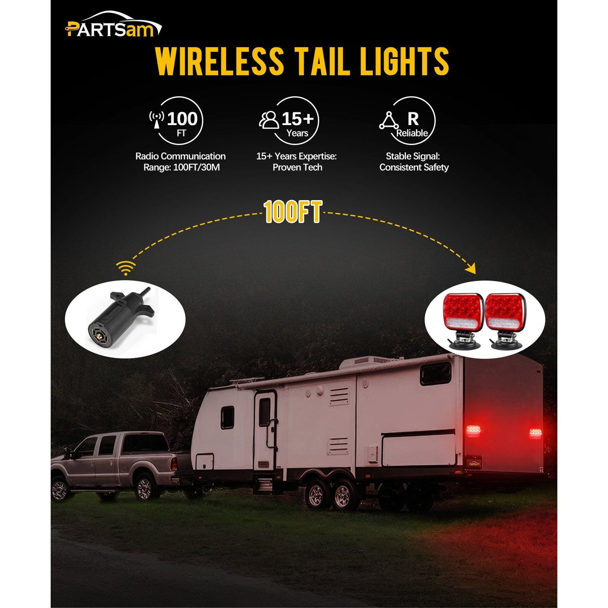 Wireless Magnetic Trailer Lights Kit 26 LED Stop Turn Brake Reverse 7-Pin Plug 12-24V IPX5 Waterproof for Trucks Trailers Towing