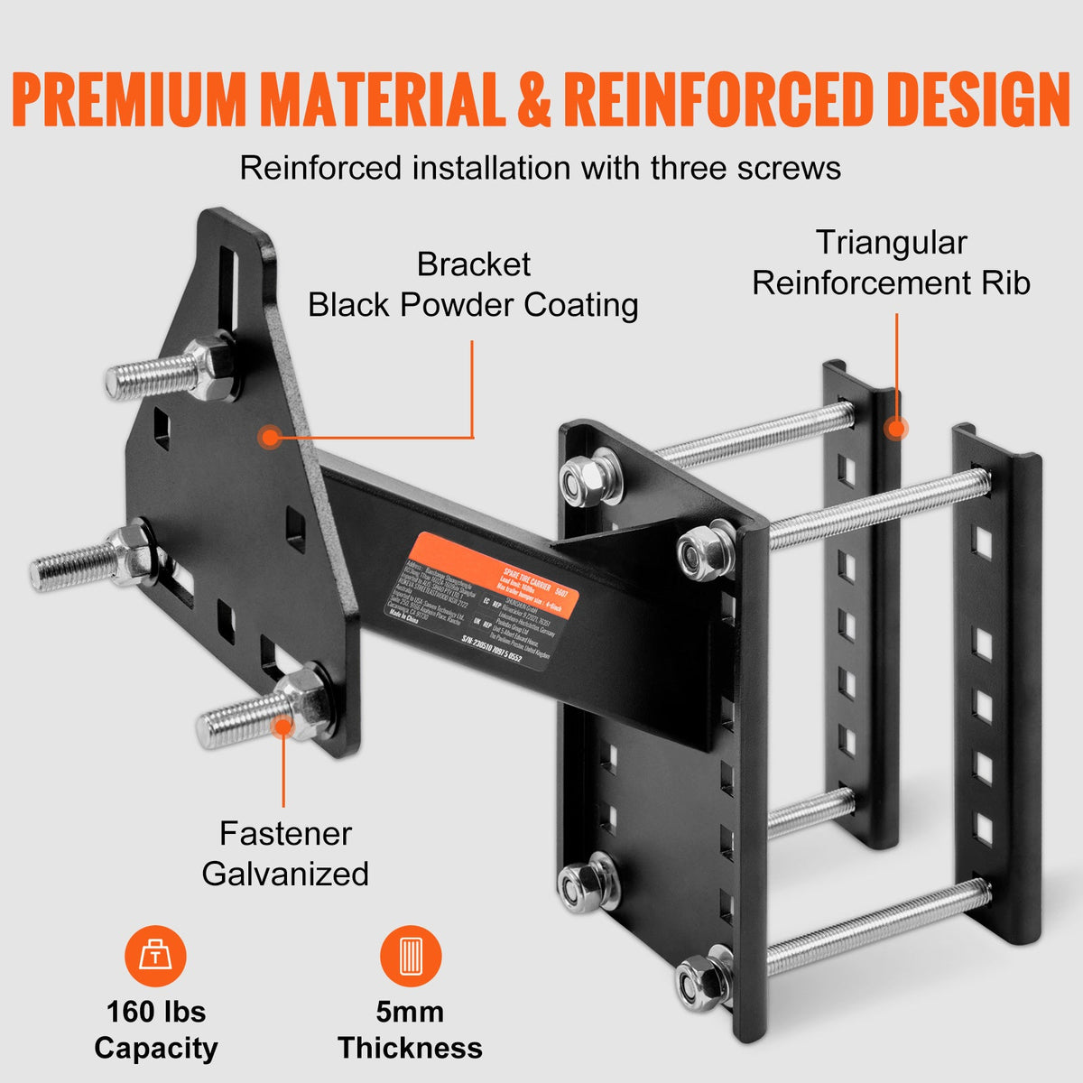Trailer Spare Tire Carrier Mount, 160 lbs Capacity, Steel Spare Tire Holder for Utility & Marine Trailers, Fits 4/5/6/8-Lug Wheels, No-Drill Install, Galvanized Hardware Included