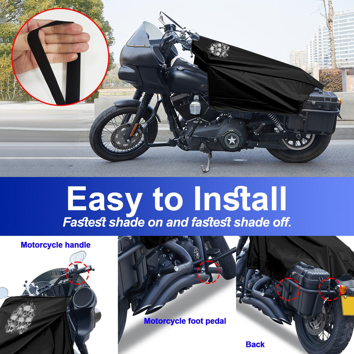 Motorcycle Seat Cover Waterproof 300D Oxford Cloth Half Cover – Rain Snow UV Protection for Touring Cruiser Bikes M 43in L 51in with Storage Bag