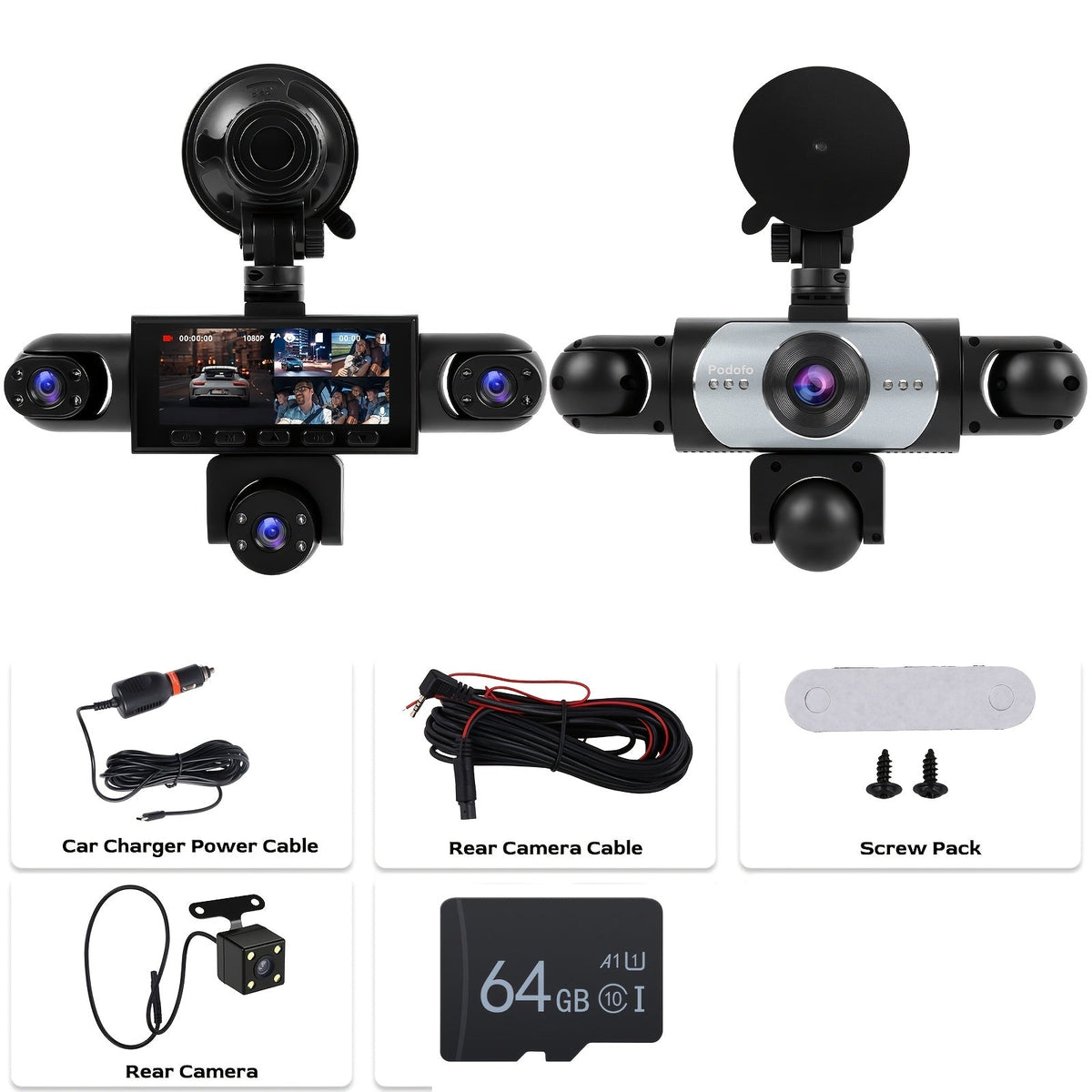 PODOFO 360° Dash Cam 5-Lens & 4-Lens 1080P, Front Rear Left Right Coverage, Loop Recording, Reverse Image, USB Powered — Optional 32G/64G Card