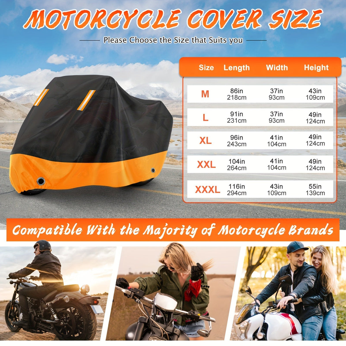 Motorcycle Cover Waterproof 210D Oxford Cloth - All-Weather UV & Dust Protection, Reflective Strips, Fits Harley Honda Suzuki & More, Black Orange, M XL XXL XXXL