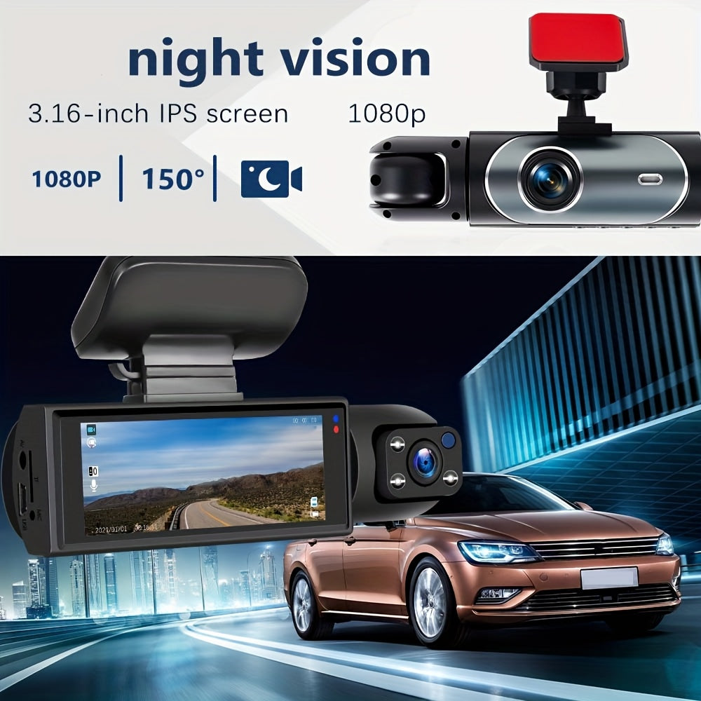 1080P Dual Dash Cam Front and Inside Car Camera, IR Night Vision Loop Recording, Wide Angle Dual Lens Dashboard DVR, Optional 32GB/64GB Card, 2" or 3.16" Screen