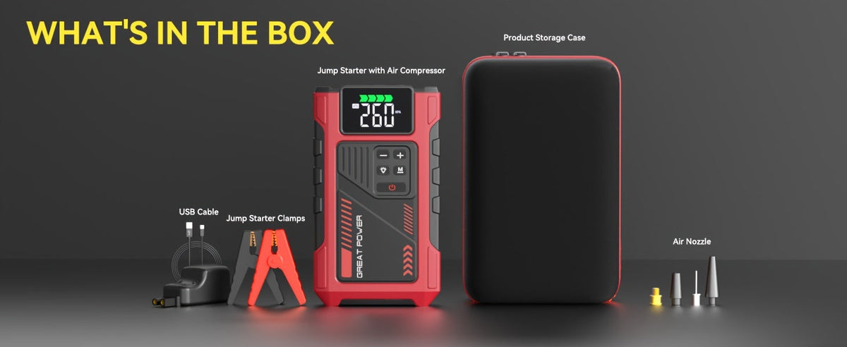 Car Jump Starter with Air Compressor 5000A Peak – 150 PSI Tire Inflator, 12V Battery Booster Pack, 5-in-1 Portable Jump Starter for Gas 8.0L / Diesel 6.5L, Smart Clamp Cables