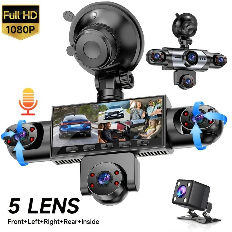 PODOFO 360° Dash Cam 5-Lens & 4-Lens 1080P, Front Rear Left Right Coverage, Loop Recording, Reverse Image, USB Powered — Optional 32G/64G Card