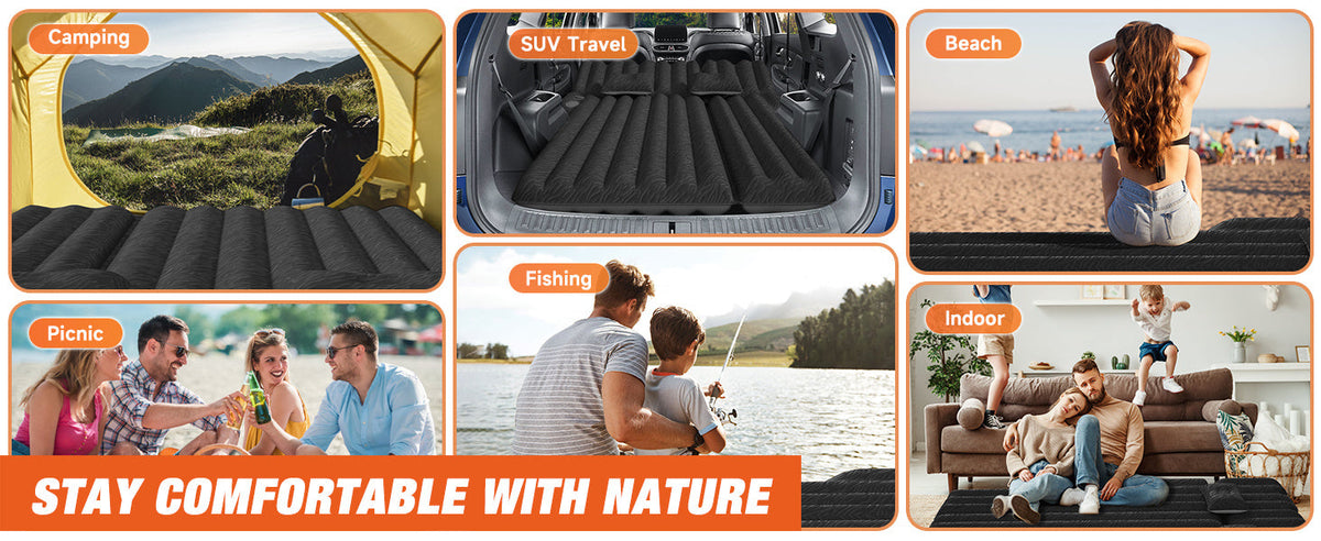 SUV Air Mattress Inflatable Car Bed 67x49x4 Inch Flocking Surface with Air Pump 2 Pillows Carrying Bag Solo or Couple Camping Road Trip Black Grey