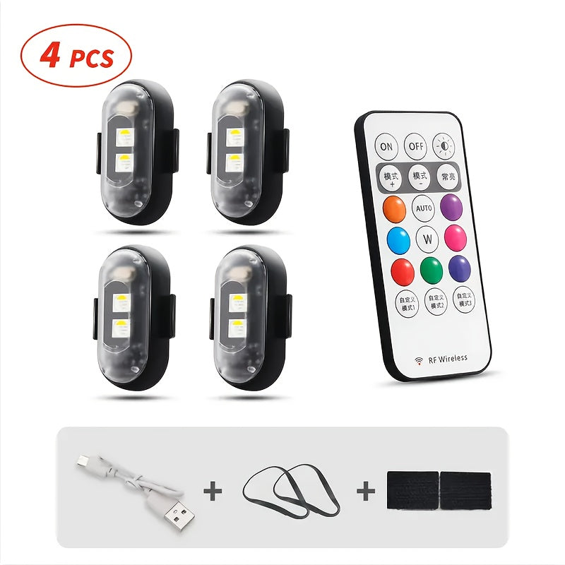 Wireless LED Strip Lights 8-Color Anti-Collision High Brightness Remote Control USB Charging Waterproof for Car Motorcycle Bike Drone Aircraft 4pcs or 6pcs