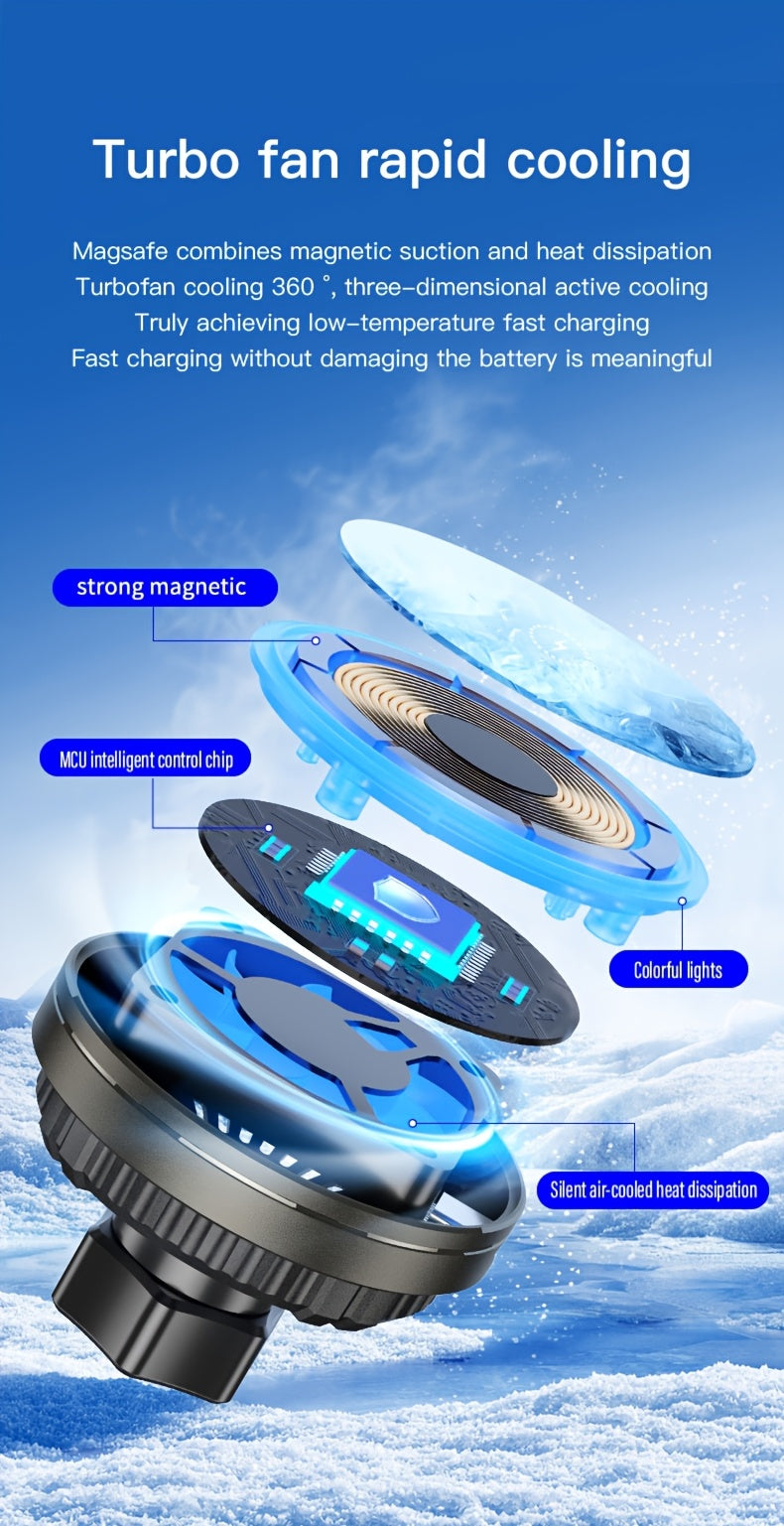 MagSafe Car Wireless Charger for iPhone 12-16, Magnetic Air Vent Mount, Qi1 Fast Charging, Dual Cooling Fans, Circular Design
