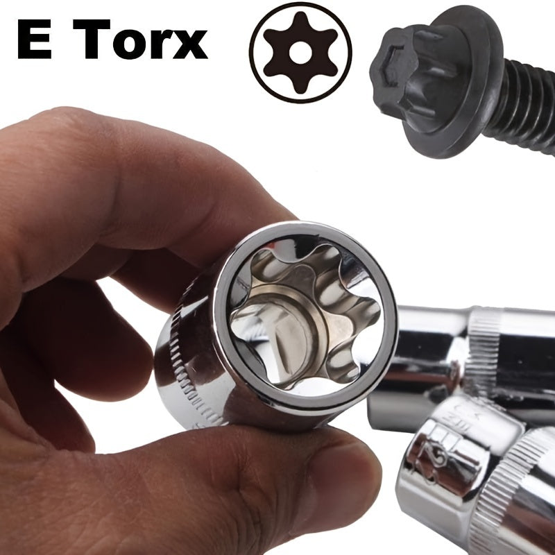 External Torx Socket Set 14pcs E4-E24, 1/4" 3/8" 1/2" Drive E-Torx Star Sockets, Cr-V Steel with Storage Box, for Cars Trucks & Auto Repair