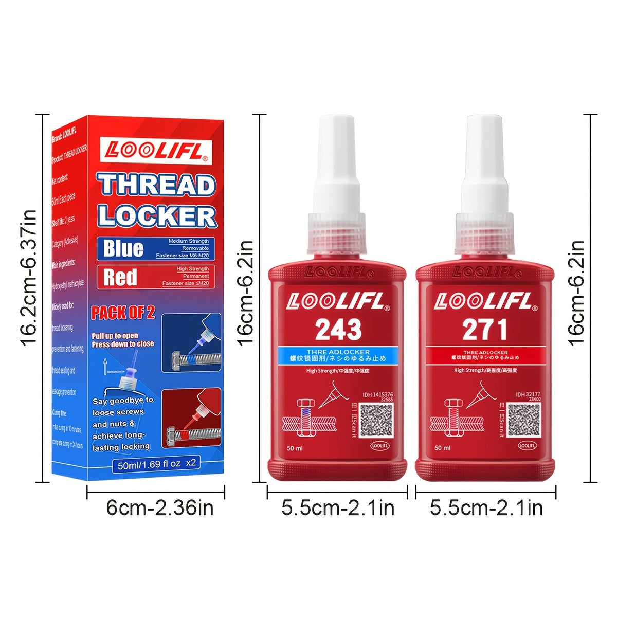 LOOLIFL Thread Sealant Threadlocker – 271 & 243 Formula | Pneumatic & Hydraulic Thread Lock for Bolts, Screws & Fittings | 4-Pack or 6-Pack