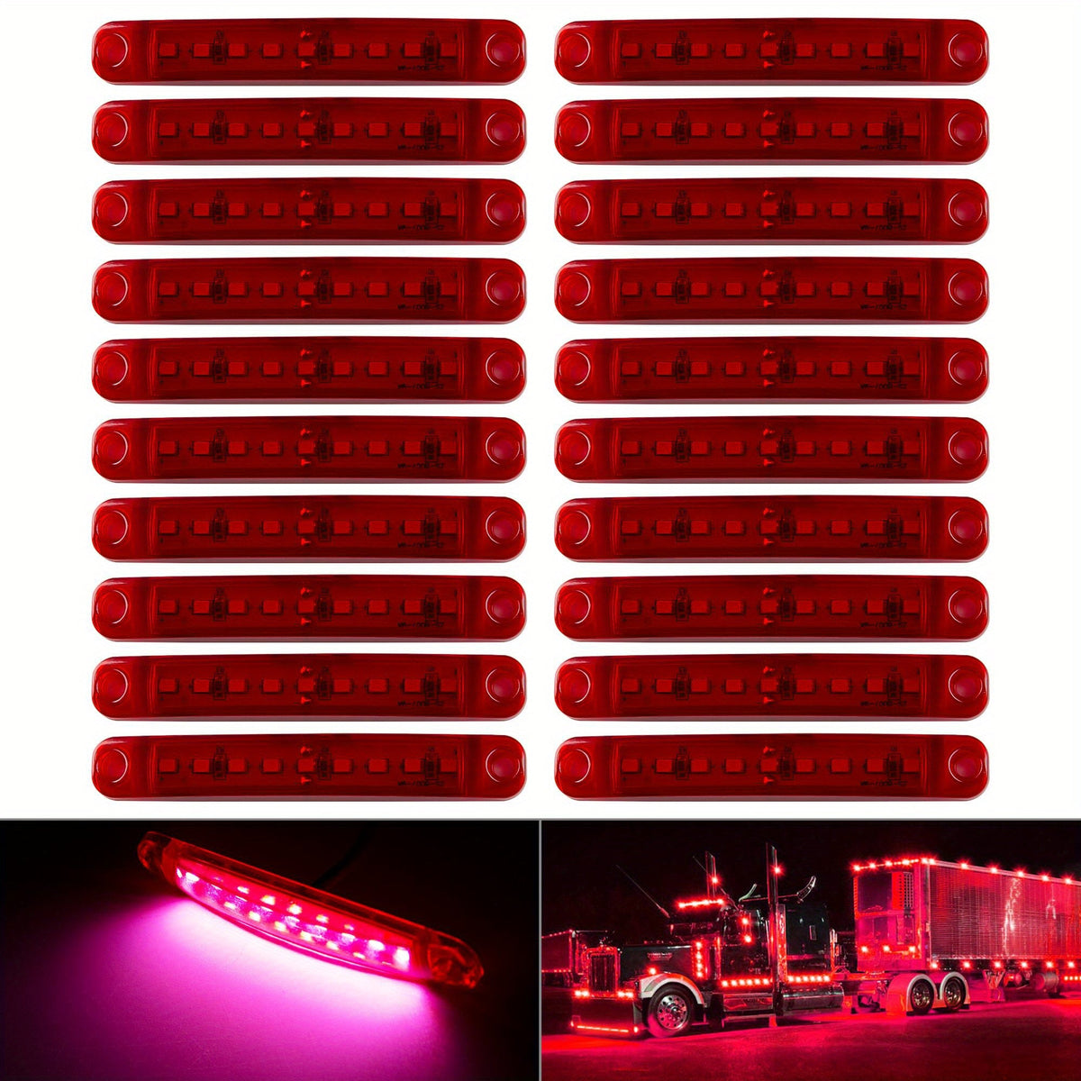 LED Side Marker Lights 12V 9-LED Indicator Lamp Bar 20pcs for Trucks Cars Trailers RVs White Red Amber Blue Green 2-Wire Easy Install