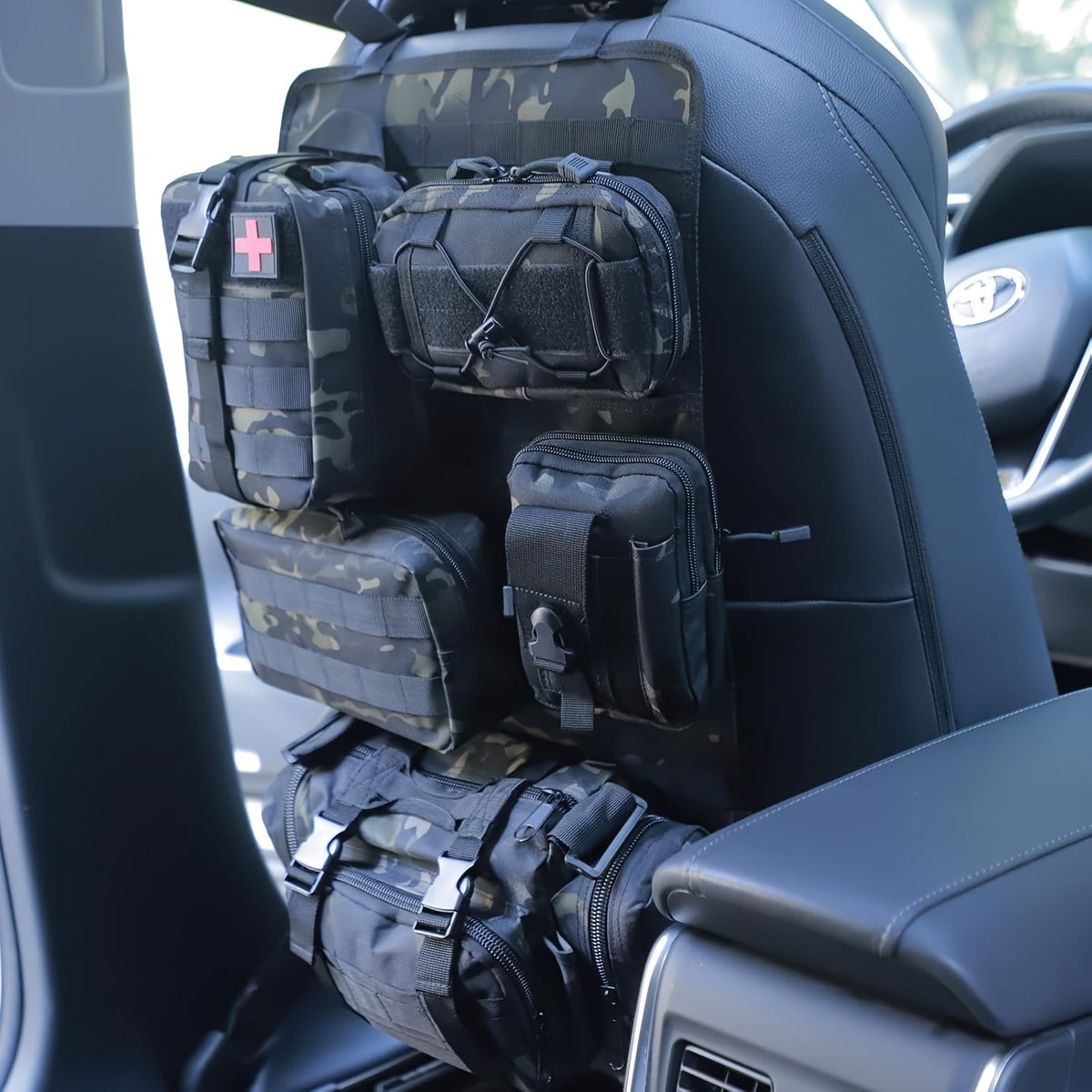 MOLLE Tactical Car Seat Organizer Pouch 6pcs Set Heavy Duty Nylon Adjustable Seat Back Storage for Jeep Truck SUV Gear First Aid Tools EDC Black