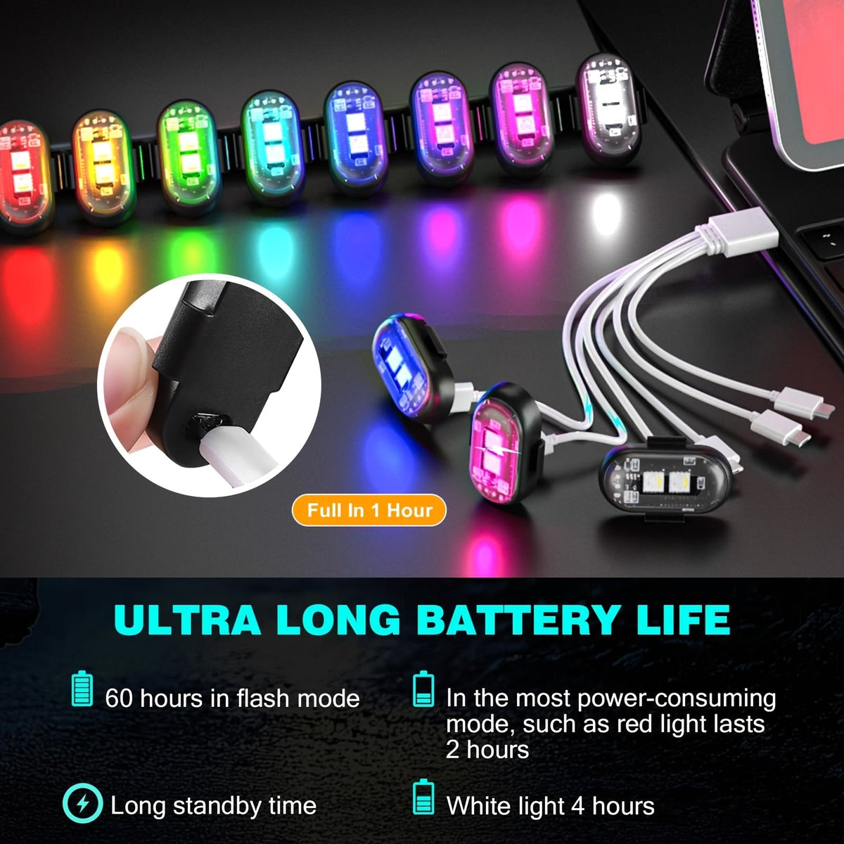 Wireless LED Strobe Warning Lights with Remote Control – 8 Colors, 10 Modes, USB-C Rechargeable, IP65 Waterproof for Cars, Trucks & Motorcycles