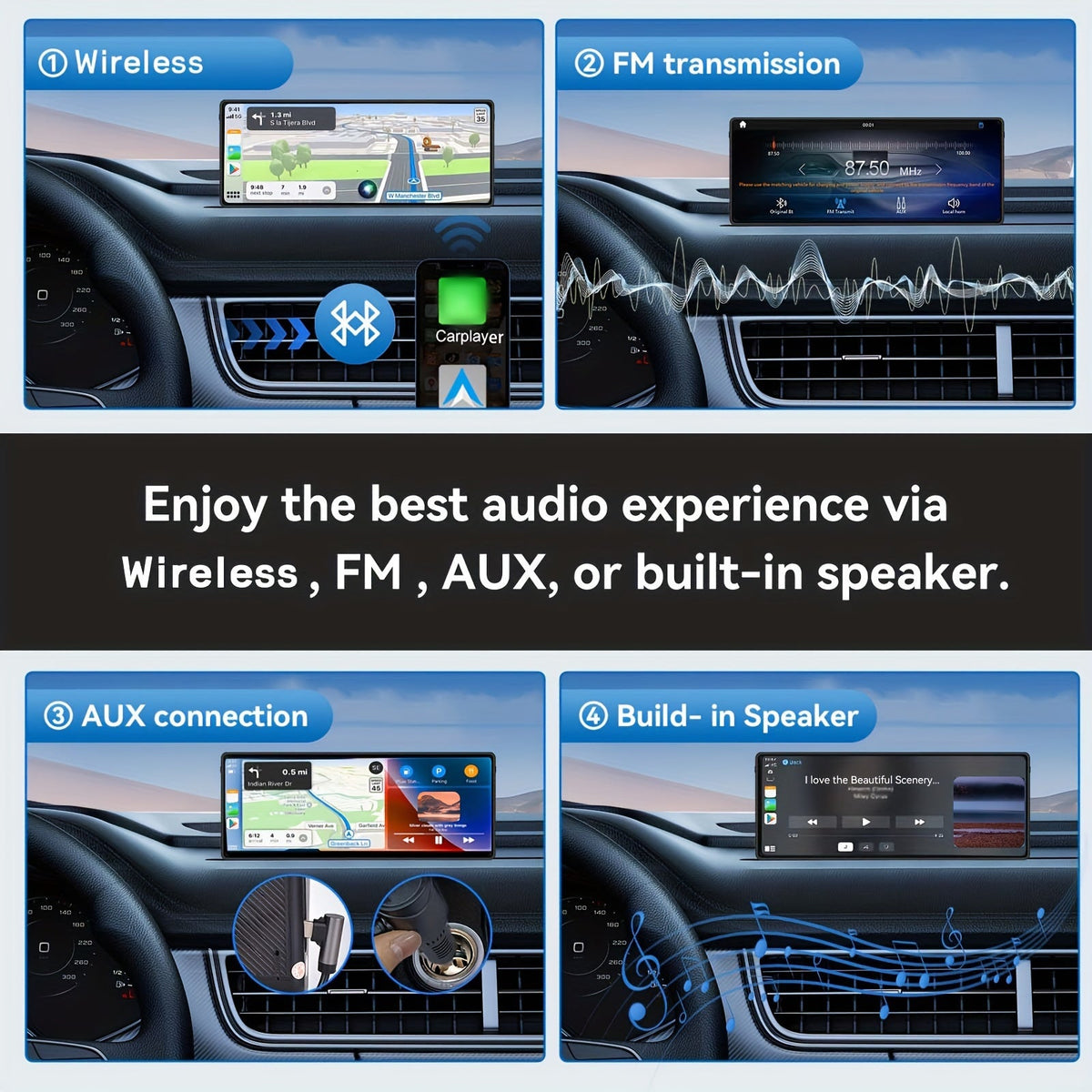 Portable Wireless CarPlay Screen 10.26" HD Touchscreen, Android Auto, Mirror Link, Backup Camera, GPS Navigation, AUX — Universal Fit