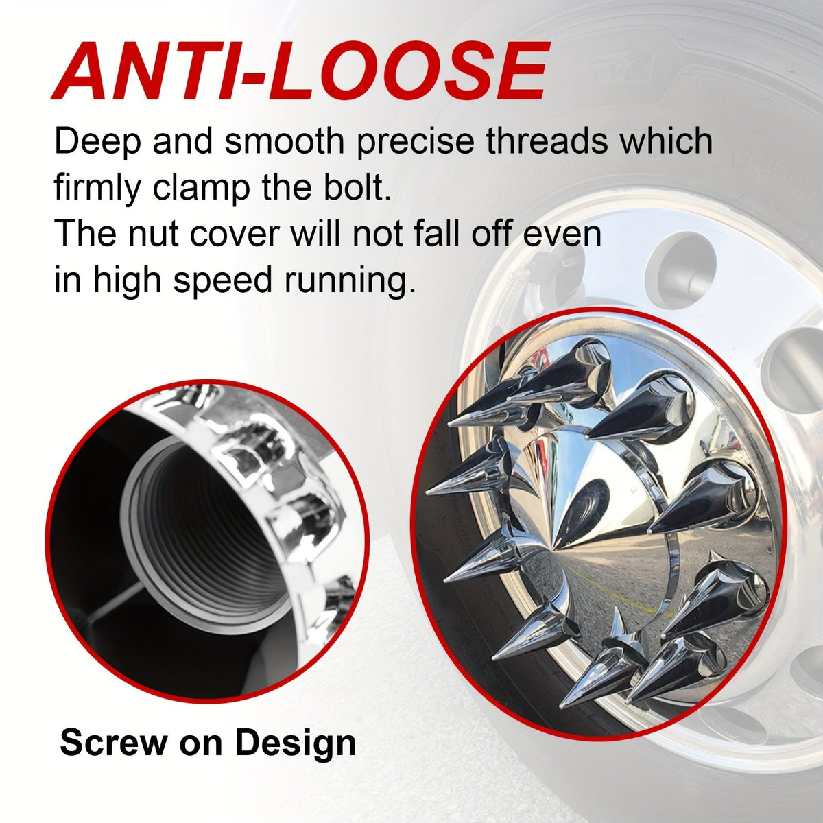 Spike Lug Nut Covers 33mm – Chrome ABS Screw-On Pointed Caps for Semi Trucks & Hub-Piloted Wheels, 60-Pack