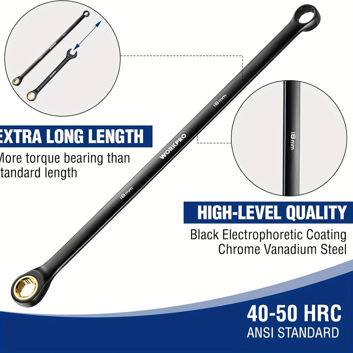 Ratcheting Wrench Set 10-Piece Extra Long Double Box Wrenches Metric 8-19mm 72-Tooth Cr-V Steel Anti-Slip with Rolling Pouch by WORKPRO