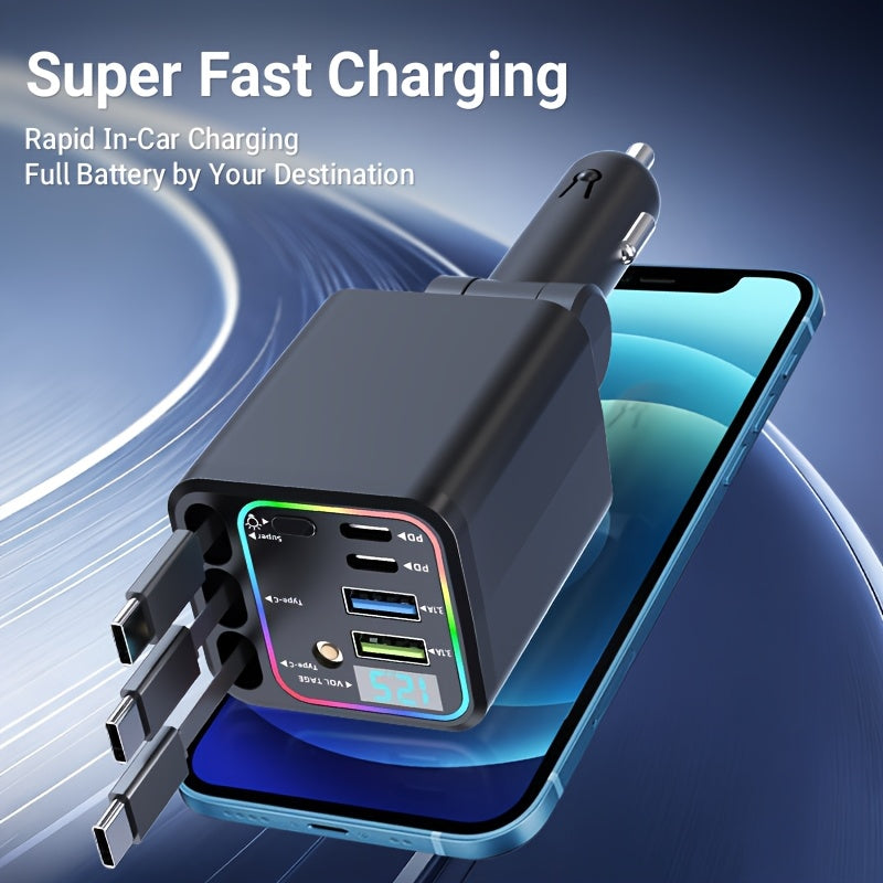 7-in-1 Car Fast Charger – 3 Retractable Cables, LED Digital Display, 180° Adjustable, USB Fast Charging for iPhone, Android & Type-C