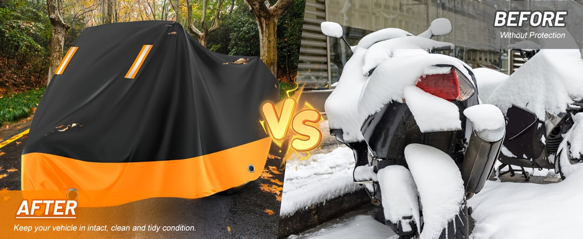 Motorcycle Cover Waterproof 210D Oxford Cloth - All-Weather UV & Dust Protection, Reflective Strips, Fits Harley Honda Suzuki & More, Black Orange, M XL XXL XXXL