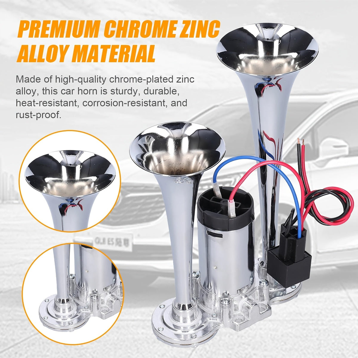 Air Horn for Truck 130dB Double Tube, 12V/24V Aluminum Alloy Compressor Horn, Super Loud for SUV Motorcycle Boat Bus Train Off-Road, Universal Bracket, Easy Install