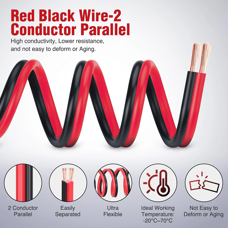 CCA Speaker Wire Red Black 2-Conductor Parallel DC Flexible Cable for Car Audio Amplifier Radio Speaker LED Strip 12V 24V 36V Copper Clad Aluminum