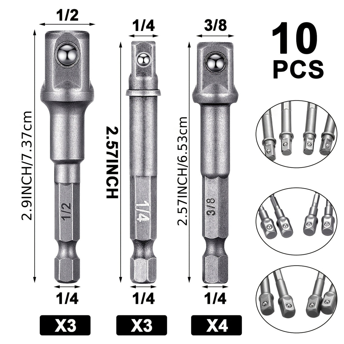 Impact Socket Adapter Set 1/2" 3/8" 1/4" Square Drive to Hex Bit, Extension Socket Driver for Drills & Impact Wrenches, Automotive & DIY Use — Silvery