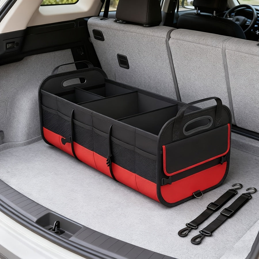 Foldable Car Trunk Organizer 95L 25gal 4 Compartments 2 Retractable Straps Collapsible Multi-Pocket Storage for SUV Truck Minivan Travel Camping Shopping Black