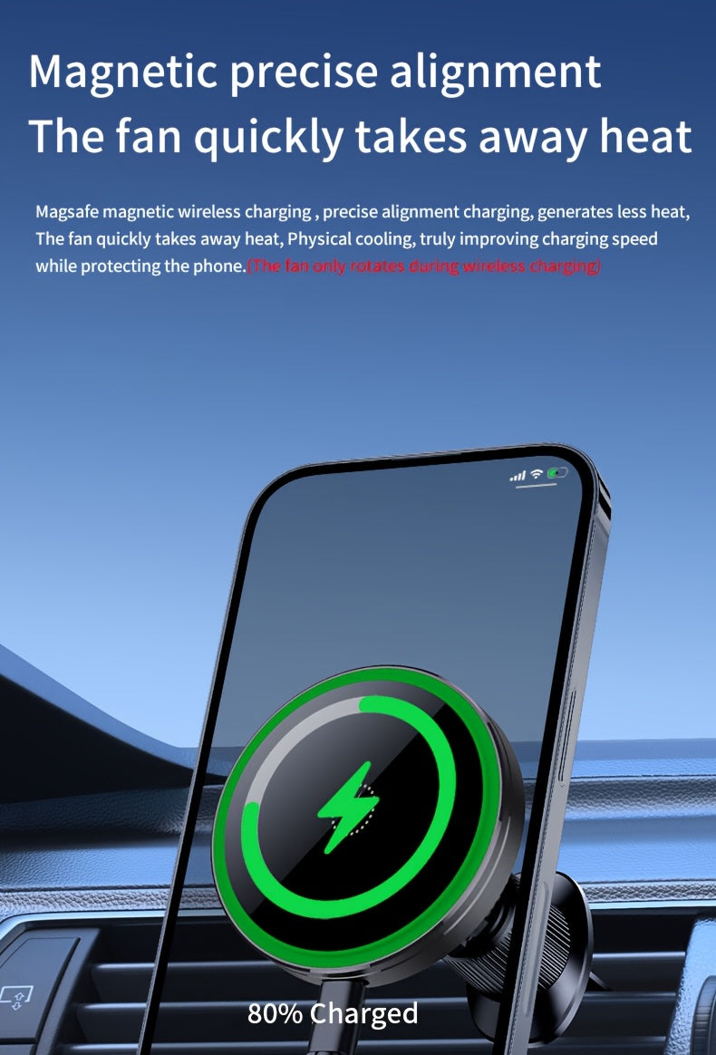 MagSafe Car Wireless Charger for iPhone 12-16, Magnetic Air Vent Mount, Qi1 Fast Charging, Dual Cooling Fans, Circular Design