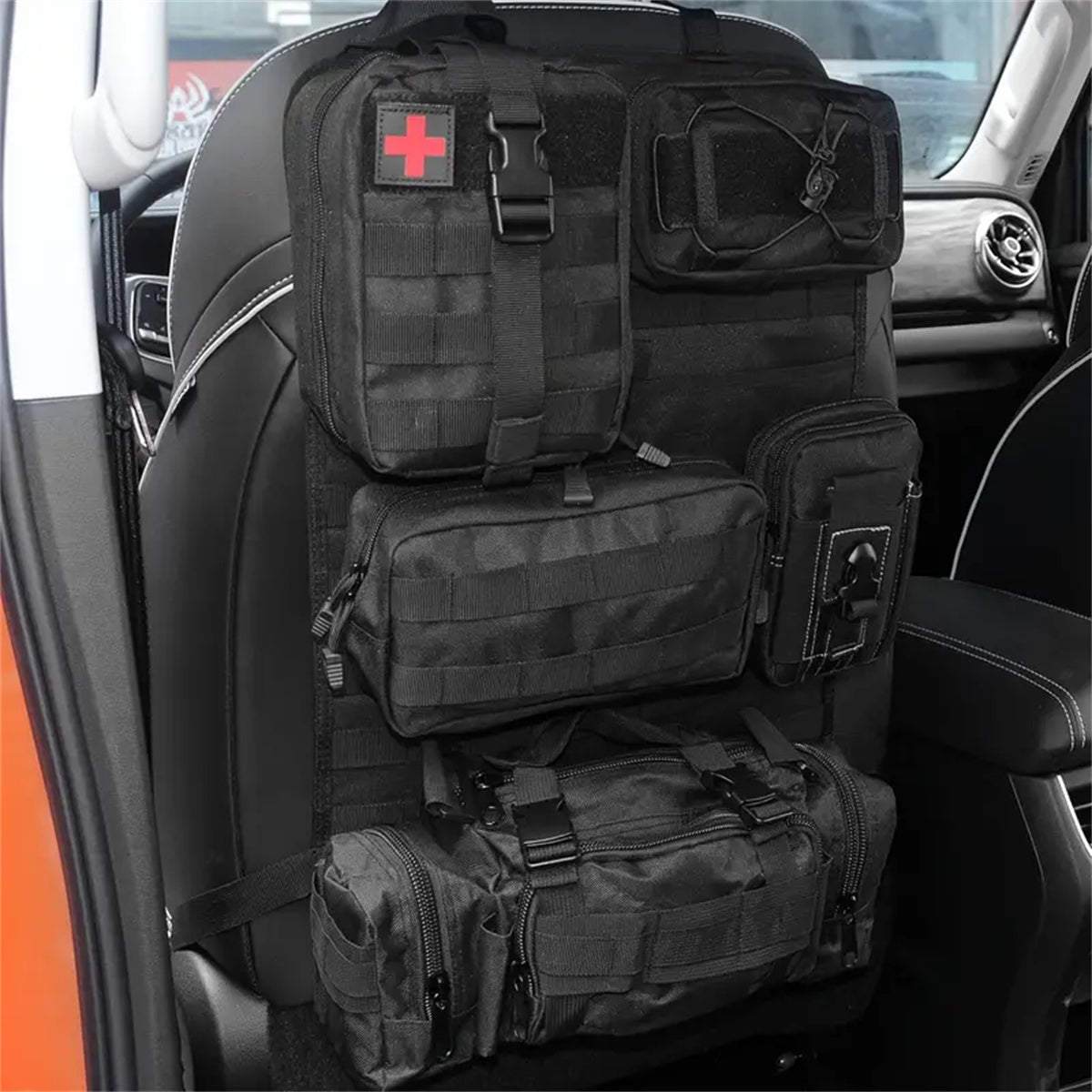 MOLLE Tactical Car Seat Organizer Pouch 6pcs Set Heavy Duty Nylon Adjustable Seat Back Storage for Jeep Truck SUV Gear First Aid Tools EDC Black
